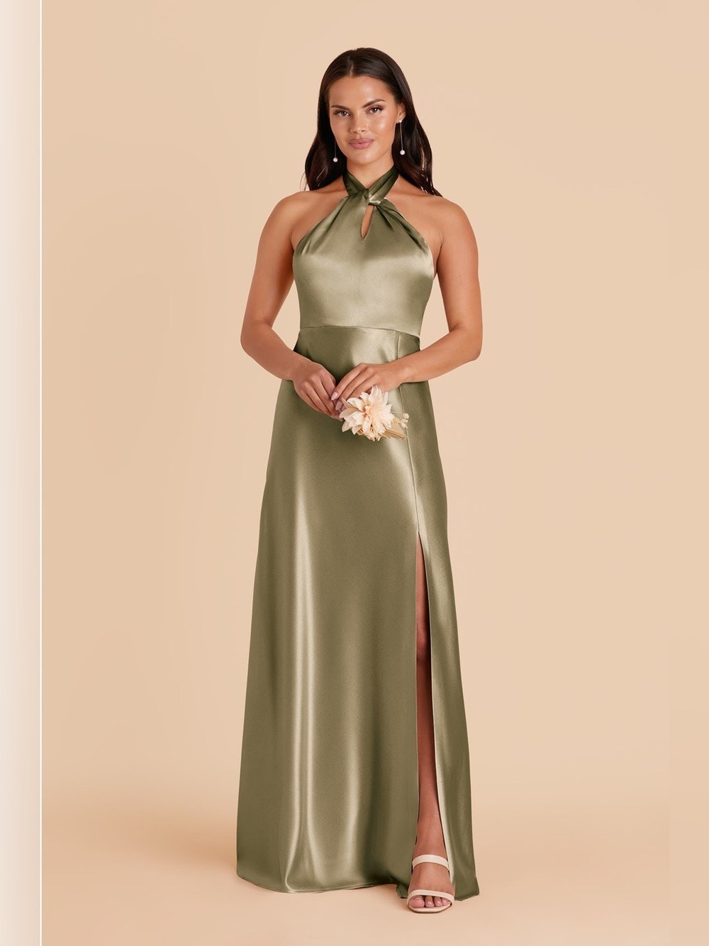 Birdy Grey Monica Moss Green Satin Halter Evening Dress with Side Slit Large
